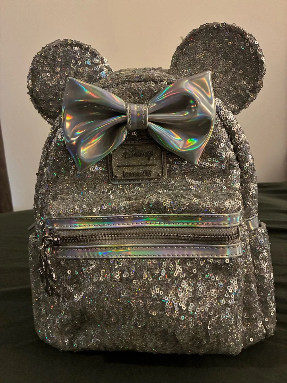 Disney Loungefly Silver Sequin Mini Backpack with Holographic Bow